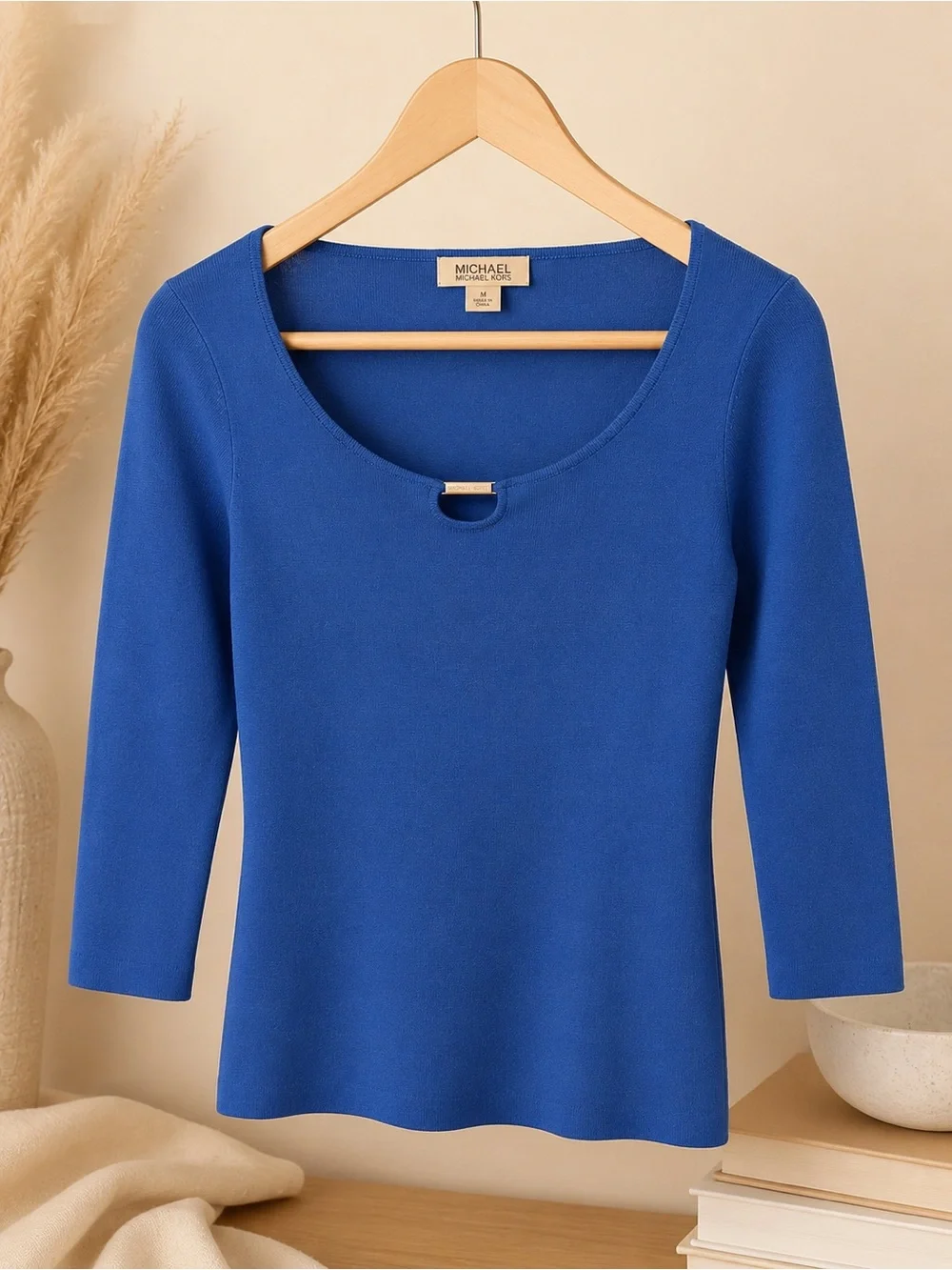 Michael Kors Cobalt Scoop Neck Silk Knit Top with Keyhole MSRP $149
